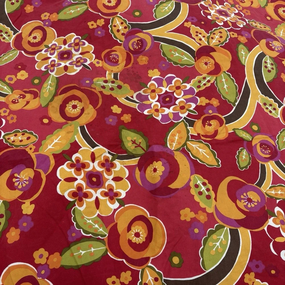 Pottery‎ Barn King Duvet Cover Two Shams Red Floral Retro Mod Cotton Reversible